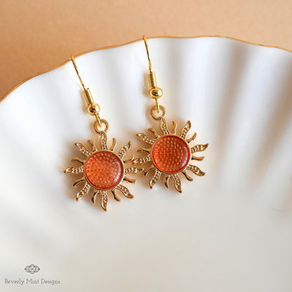 Sun Earrings, 18K Gold Boho Sun Earrings, Orange Earrings, Bohemian Style Earrings, Gold Sunburst Earrings, Sensitive Ear & Clip-On Options