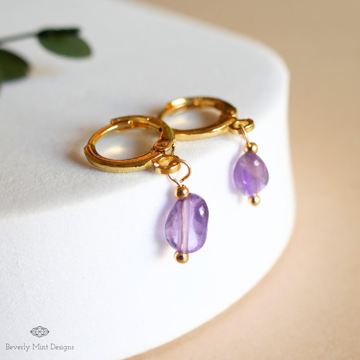 Delicate Gold Hoop Earrings with Amethyst Drops, Minimalist Birthstone Jewelry, Handmade February, Sensitive Ear & Clip-On Options