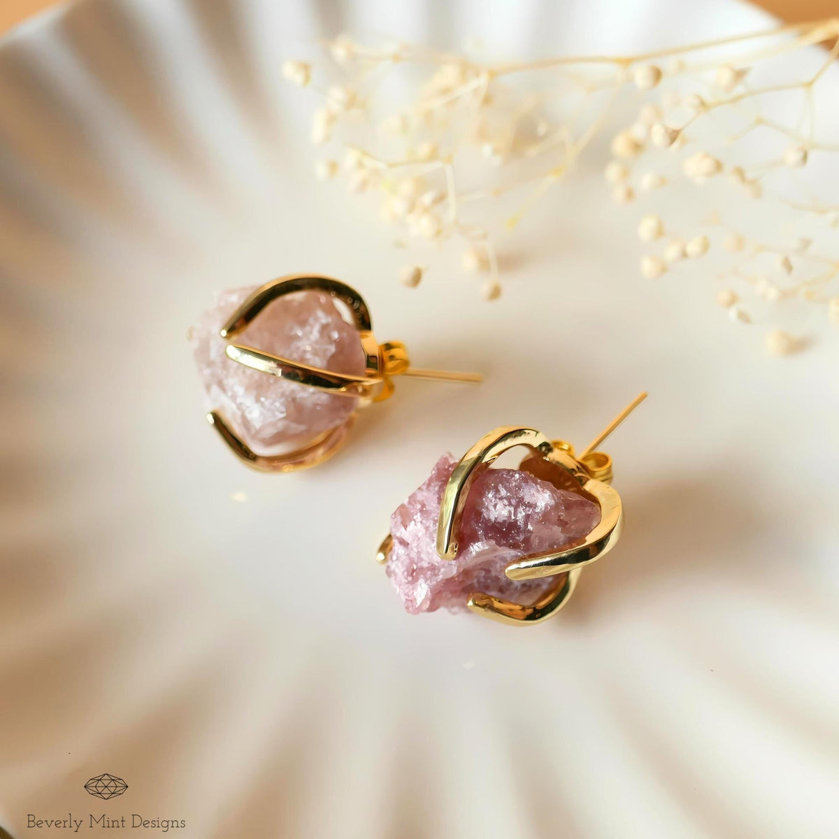 Strawberry Quartz Stud Earrings with 18K Gold, Purple Earrings,  1/2 -3/4 inches, Natural Raw Stone, Chakra Stones