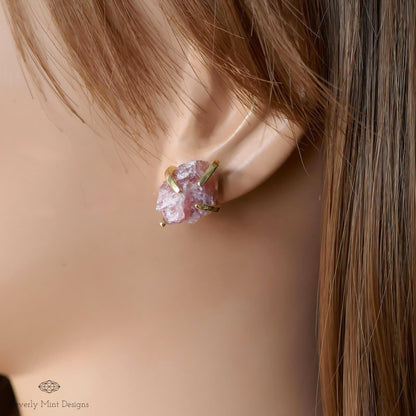 Strawberry Quartz Stud Earrings with 18K Gold, Purple Earrings,  1/2 -3/4 inches, Natural Raw Stone, Chakra Stones