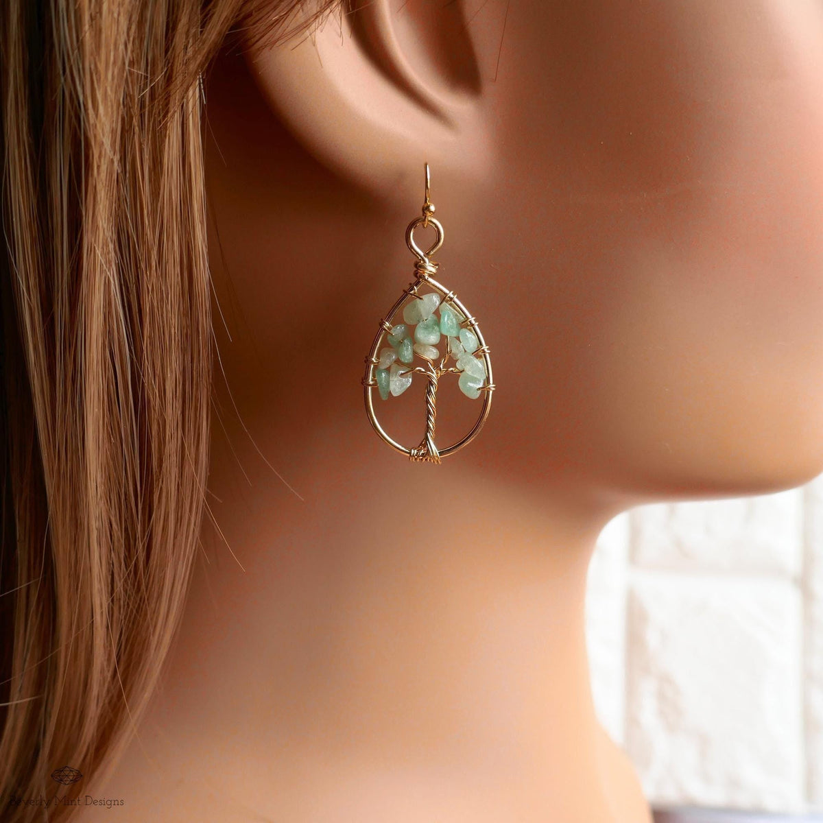 Tree of Life Earrings Gold Wire Wrapped Aventurine Natural Stone Dangle Jewelry, Sensitive Ear & Clip-On Options