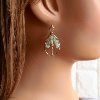 Tree of Life Earrings Gold Wire Wrapped Aventurine Natural Stone Dangle Jewelry, Sensitive Ear & Clip-On Options