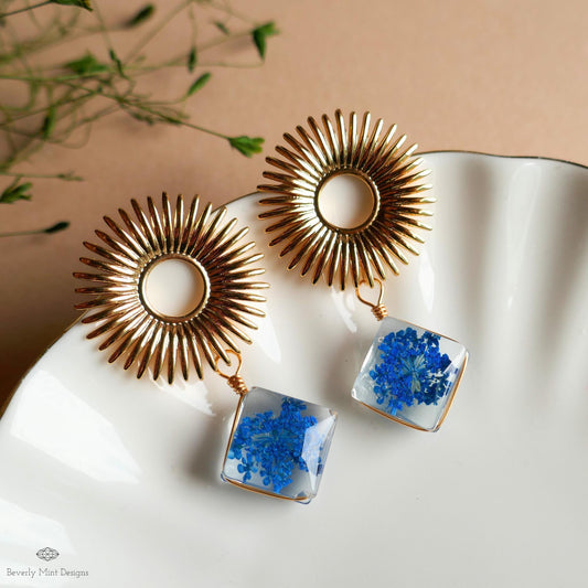 Blue Pressed Flower Glass Earrings , Gold Sunburst Statement Earrings, Real Flower Jewelry, Botanical Dangle Earrings, Nature Inspired