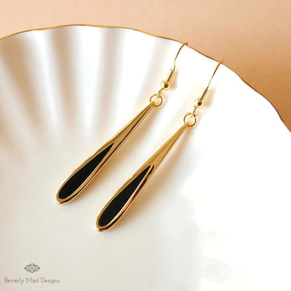 Gold Black Teardrop Dangle Earrings, Minimalist Long Drop Earrings, Elegant Statement Jewelry, Sensitive Ear & Clip-On Options
