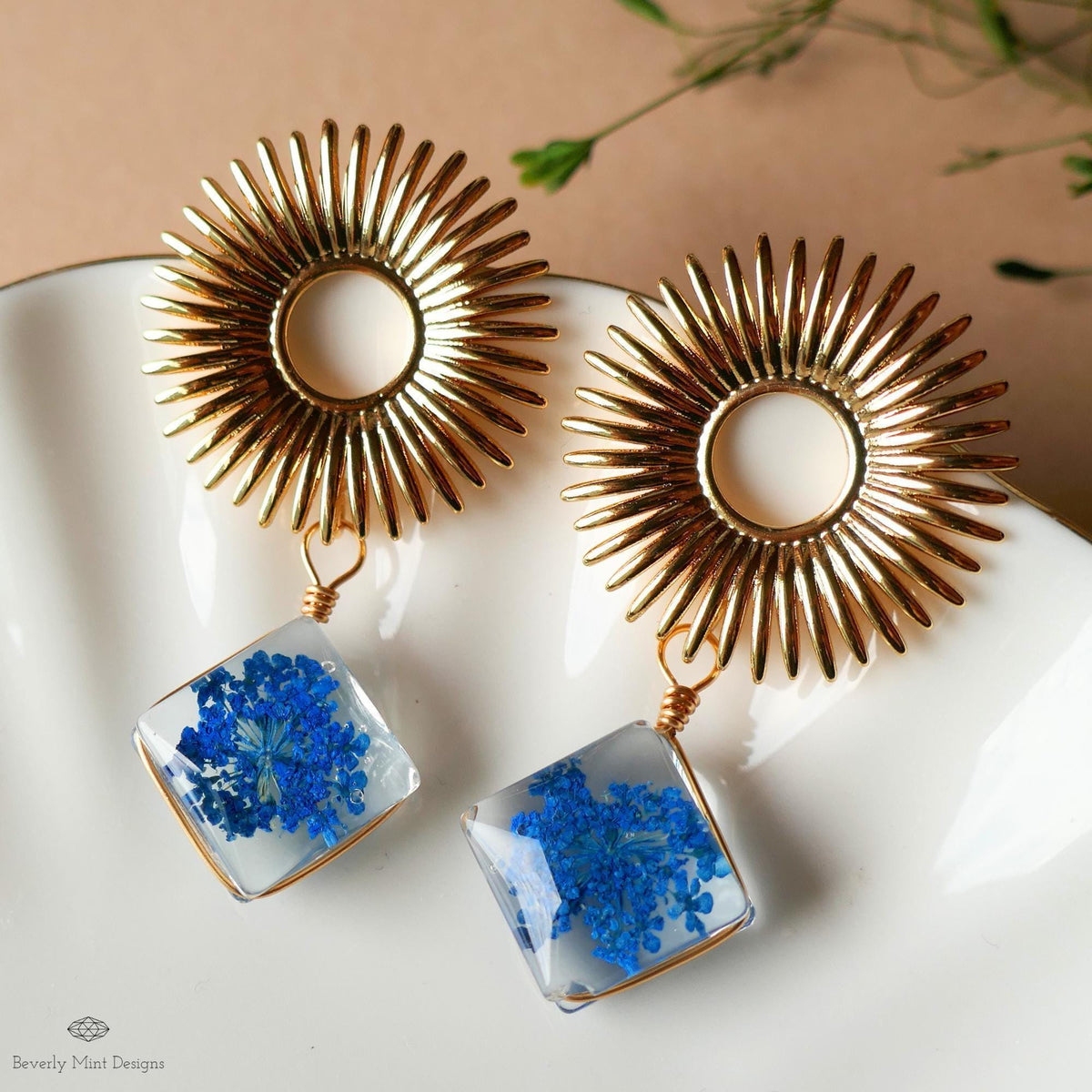 Blue Pressed Flower Glass Earrings , Gold Sunburst Statement Earrings, Real Flower Jewelry, Botanical Dangle Earrings, Nature Inspired
