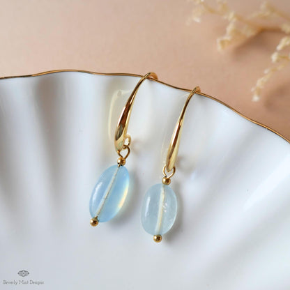 Aquamarine Dangle Earrings, Gold Drop Earrings, Minimalist Earrings, March Birthstone Jewelry, Sensitive Ear & Clip-On Options