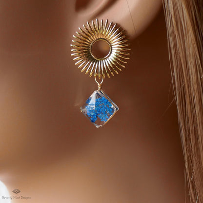 Blue Pressed Flower Glass Earrings , Gold Sunburst Statement Earrings, Real Flower Jewelry, Botanical Dangle Earrings, Nature Inspired