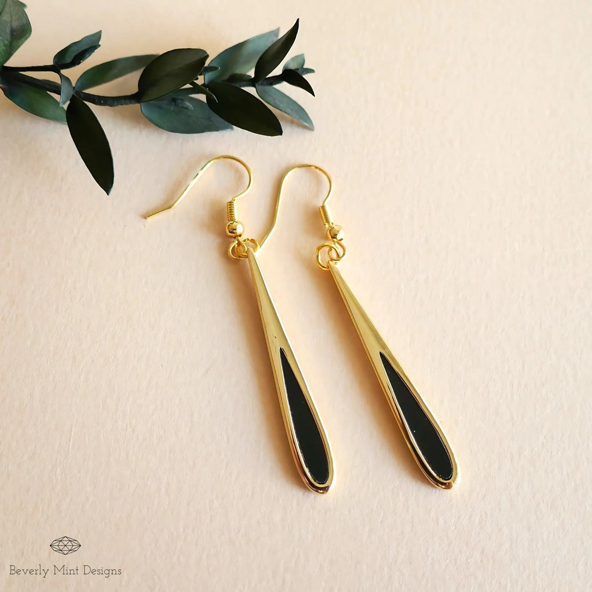 Gold Black Teardrop Dangle Earrings, Minimalist Long Drop Earrings, Elegant Statement Jewelry, Sensitive Ear & Clip-On Options