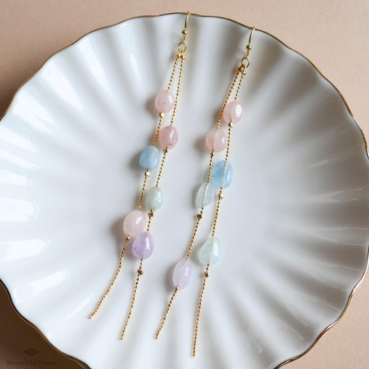 Pastel Stone Earrings Long Dangle Earrings Gold Chain Earrings Boho Beaded Jewelry Statement, Sensitive Ear & Clip-On Options