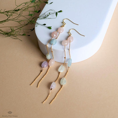 Pastel Stone Earrings Long Dangle Earrings Gold Chain Earrings Boho Beaded Jewelry Statement, Sensitive Ear & Clip-On Options