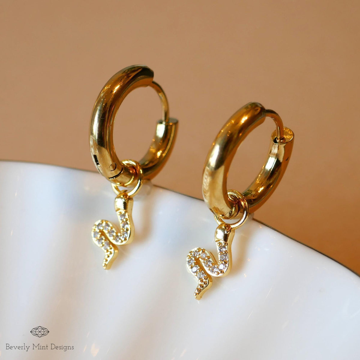 Gold Snake Hoop Earrings, Dainty Serpent Jewelry, Minimalist Dangle Hoops for Women, Sparkly Cubic Zirconia Earrings, Trendy Animal Earrings