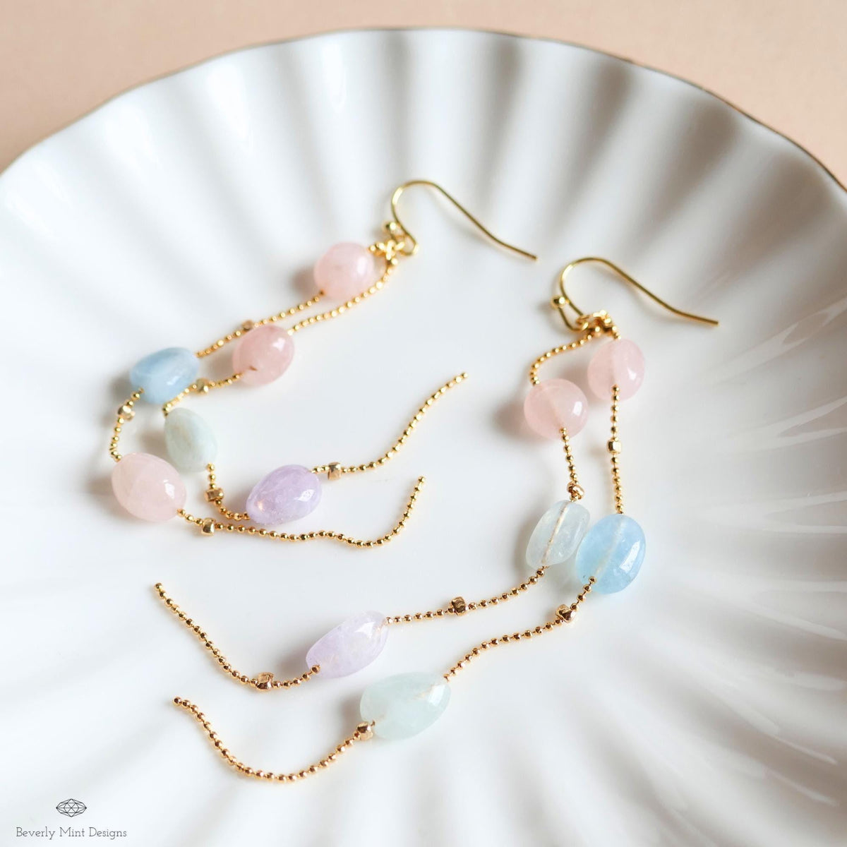 Pastel Stone Earrings Long Dangle Earrings Gold Chain Earrings Boho Beaded Jewelry Statement, Sensitive Ear & Clip-On Options