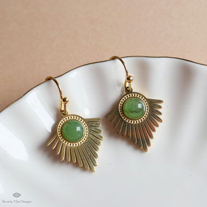 Gold Sunburst Earrings, Boho Statement Dangle Earrings, Green Stone Drop Jewelry, Art Deco Fan Earrings, Sensitive Ear & Clip-On Options