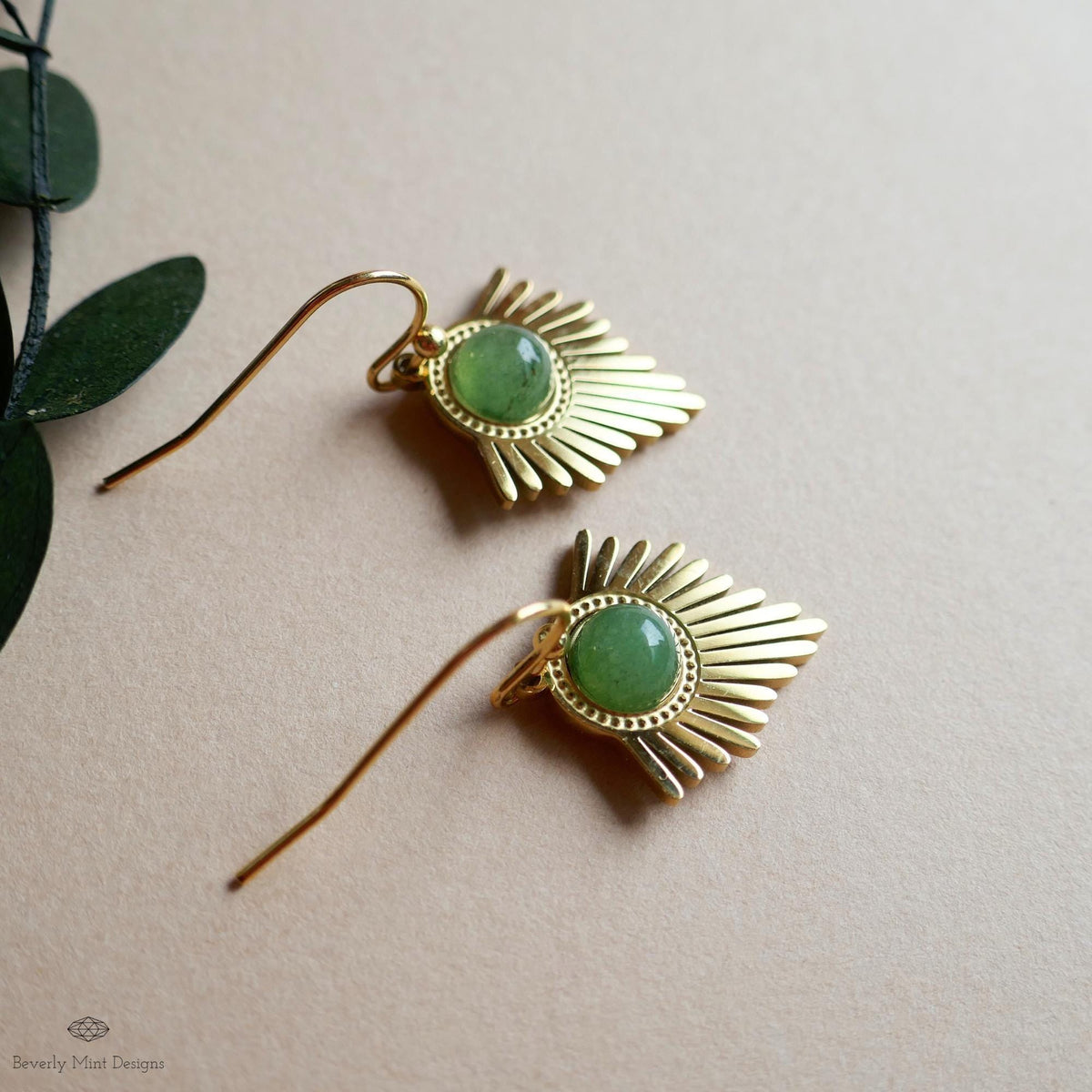 Gold Sunburst Earrings, Boho Statement Dangle Earrings, Green Stone Drop Jewelry, Art Deco Fan Earrings, Sensitive Ear & Clip-On Options
