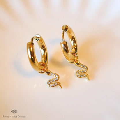 Gold Snake Hoop Earrings, Dainty Serpent Jewelry, Minimalist Dangle Hoops for Women, Sparkly Cubic Zirconia Earrings, Trendy Animal Earrings