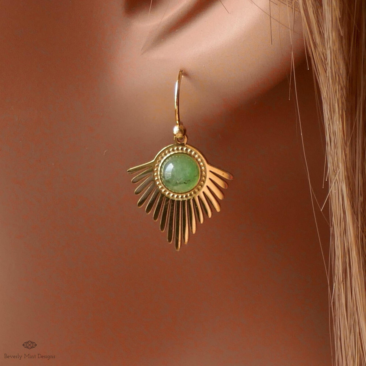 Gold Sunburst Earrings, Boho Statement Dangle Earrings, Green Stone Drop Jewelry, Art Deco Fan Earrings, Sensitive Ear & Clip-On Options