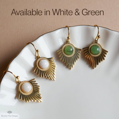 Gold Sunburst Earrings, Boho Statement Dangle Earrings, Green Stone Drop Jewelry, Art Deco Fan Earrings, Sensitive Ear & Clip-On Options