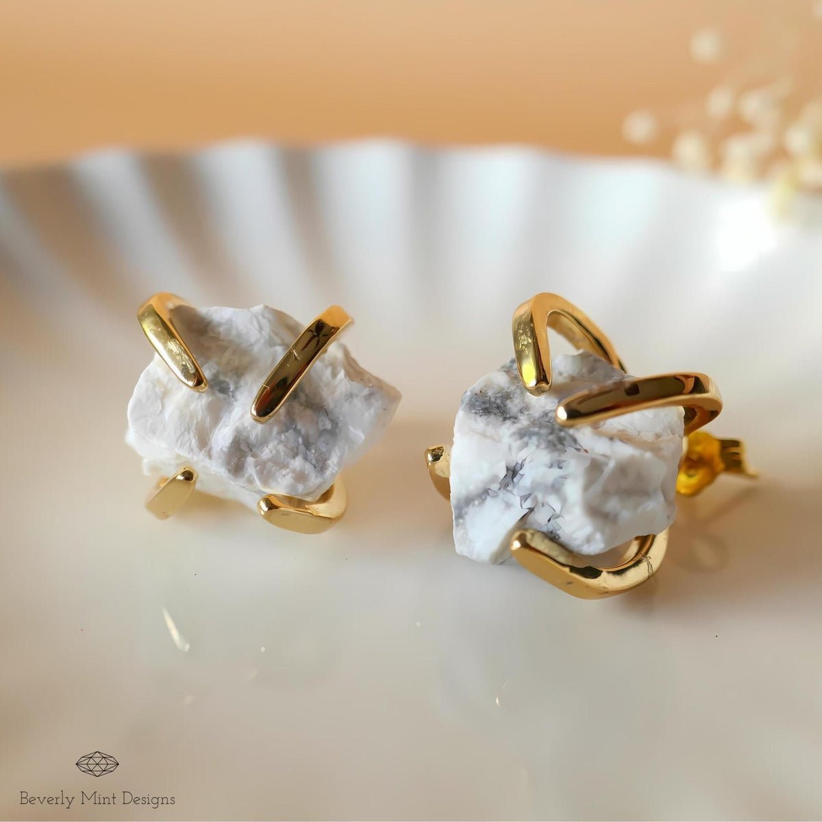 Black White Moonstone Stud Earrings with 18K Gold, White Stone Earrings, 1/2 -3/4 inches, Natural Raw Stone, Chakra Stones
