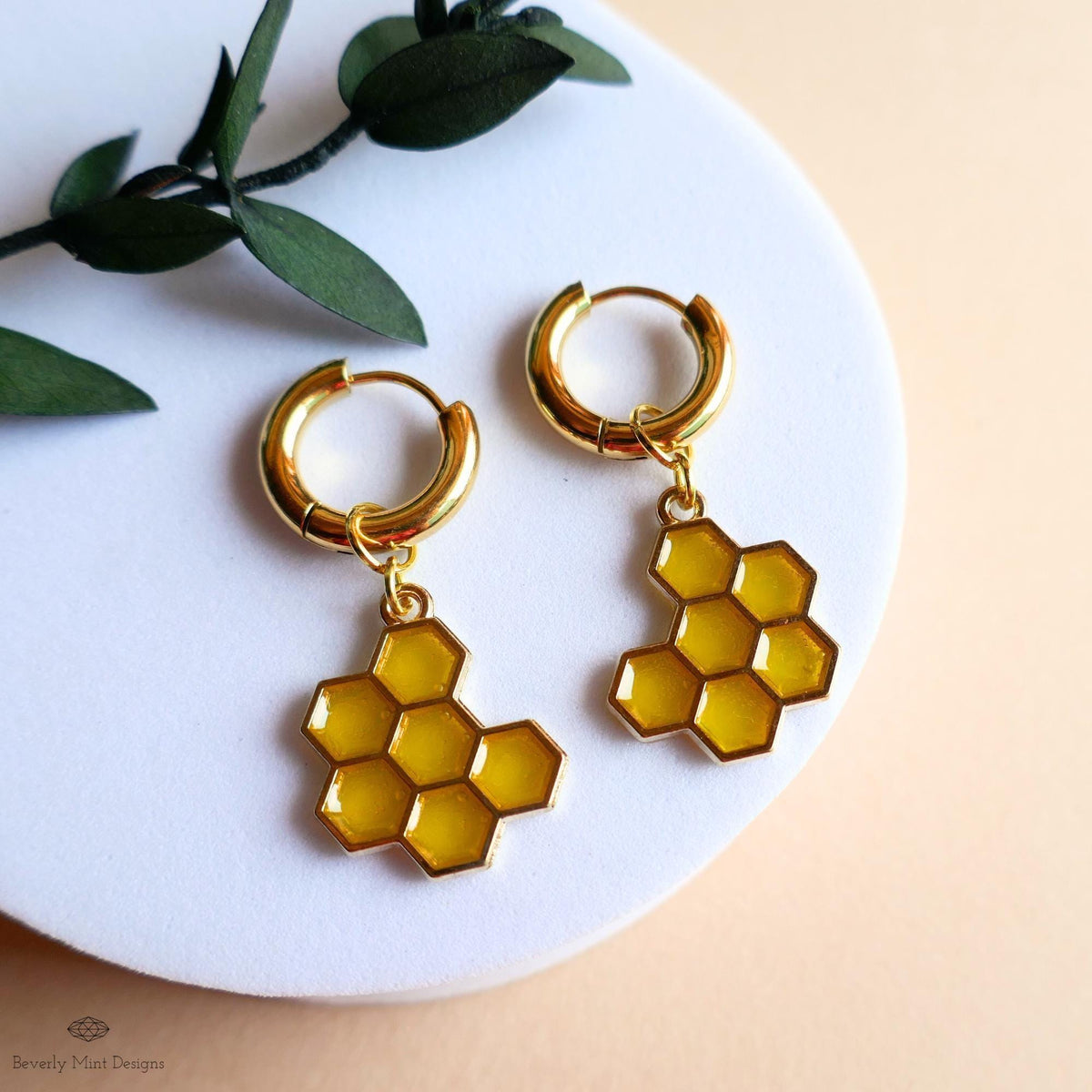 Honeycomb Earrings, Bee Earrings, Gold Huggie Hoop Earrings, Chunky Resin Earrings, Hexagon Dangle Earrings, Hook Earrings, Beekeeper Gift