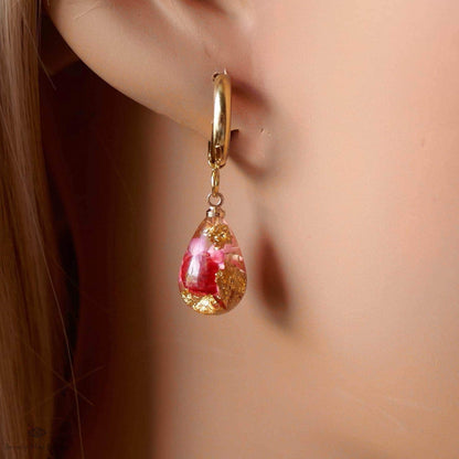 Red Flower Pressed Flower Resin Earrings Teardrop Dangle Earrings Gold Hoop Botanical Jewelry Handmade Nature Earrings