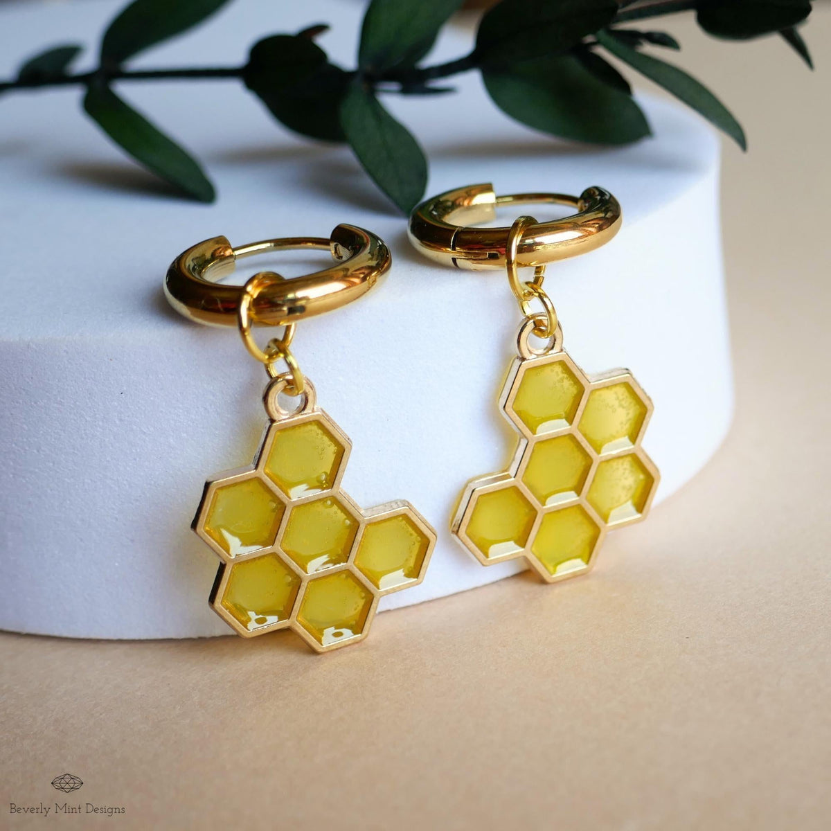 Honeycomb Earrings, Bee Earrings, Gold Huggie Hoop Earrings, Chunky Resin Earrings, Hexagon Dangle Earrings, Hook Earrings, Beekeeper Gift
