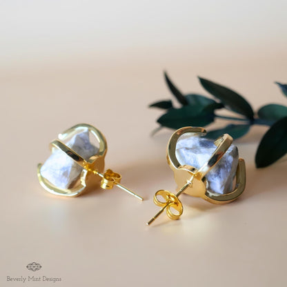Black White Moonstone Stud Earrings with 18K Gold, White Stone Earrings, 1/2 -3/4 inches, Natural Raw Stone, Chakra Stones