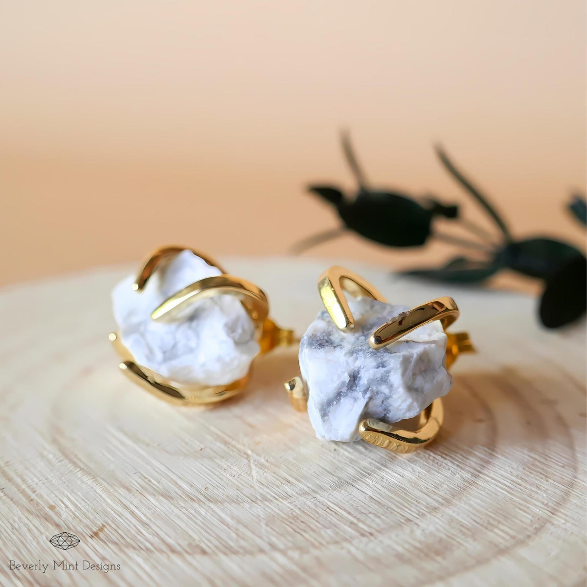 Black White Moonstone Stud Earrings with 18K Gold, White Stone Earrings, 1/2 -3/4 inches, Natural Raw Stone, Chakra Stones