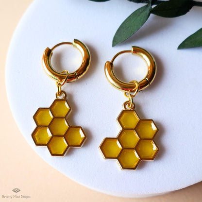 Honeycomb Earrings, Bee Earrings, Gold Huggie Hoop Earrings, Chunky Resin Earrings, Hexagon Dangle Earrings, Hook Earrings, Beekeeper Gift