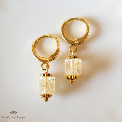 Gold Hoop Earrings, Beige Glass Bead Earrings, Minimalist Dangle Earrings, Lightweight Drop Earrings, Sensitive Ear & Clip-On Options
