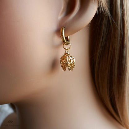 [Etsy 4445301666 image 2/7 id 7748761144] Gold Filigree Hoop Earrings, Tulip Drop Earrings, Gold Huggie earrings, Floral Dangle Earrings, Vintage Style Jewelry