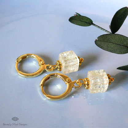 Gold Hoop Earrings, Beige Glass Bead Earrings, Minimalist Dangle Earrings, Lightweight Drop Earrings, Sensitive Ear & Clip-On Options