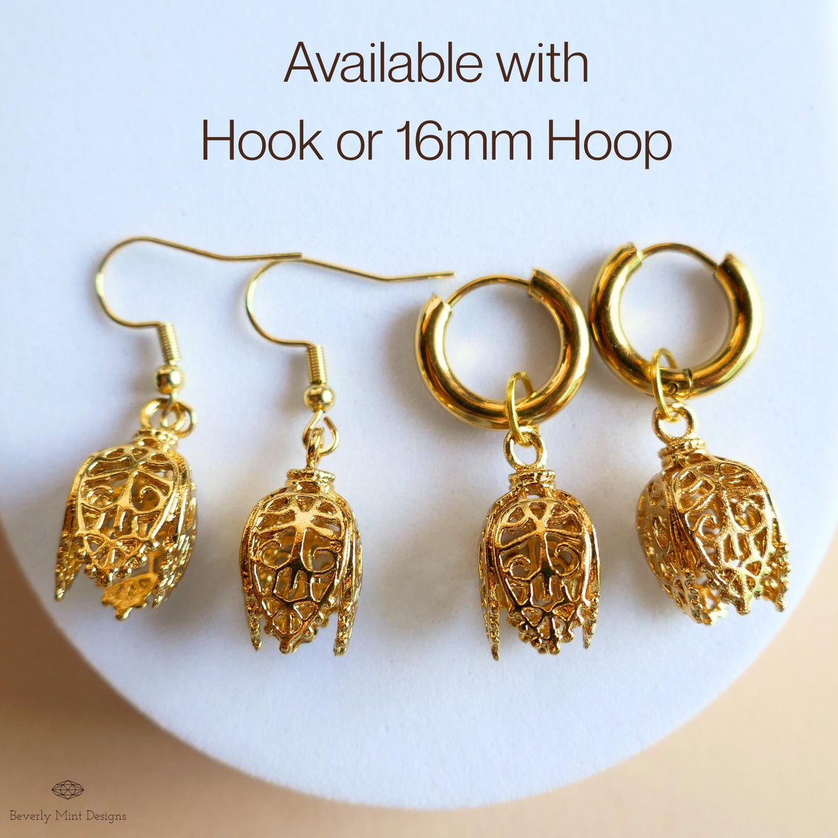 [Etsy 4445301666 image 5/7 id 7748761366] Gold Filigree Hoop Earrings, Tulip Drop Earrings, Gold Huggie earrings, Floral Dangle Earrings, Vintage Style Jewelry