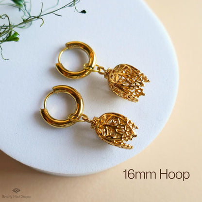 [Etsy 4445301666 image 6/7 id 7748761412] Gold Filigree Hoop Earrings, Tulip Drop Earrings, Gold Huggie earrings, Floral Dangle Earrings, Vintage Style Jewelry