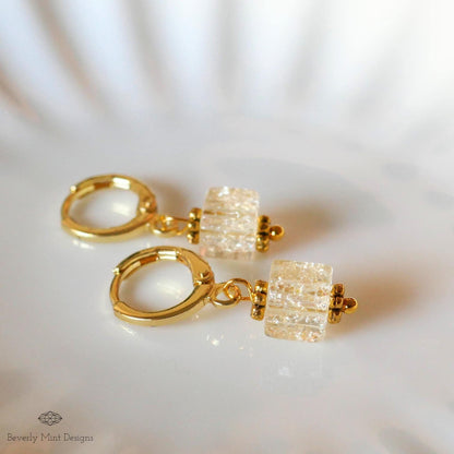 Gold Hoop Earrings, Beige Glass Bead Earrings, Minimalist Dangle Earrings, Lightweight Drop Earrings, Sensitive Ear & Clip-On Options