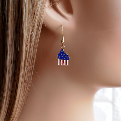 Patriotic Cupcake Earrings, Red White Blue Dangle Jewelry, USA 4th of July Food Earrings, Sensitive Ear & Clip-On Options