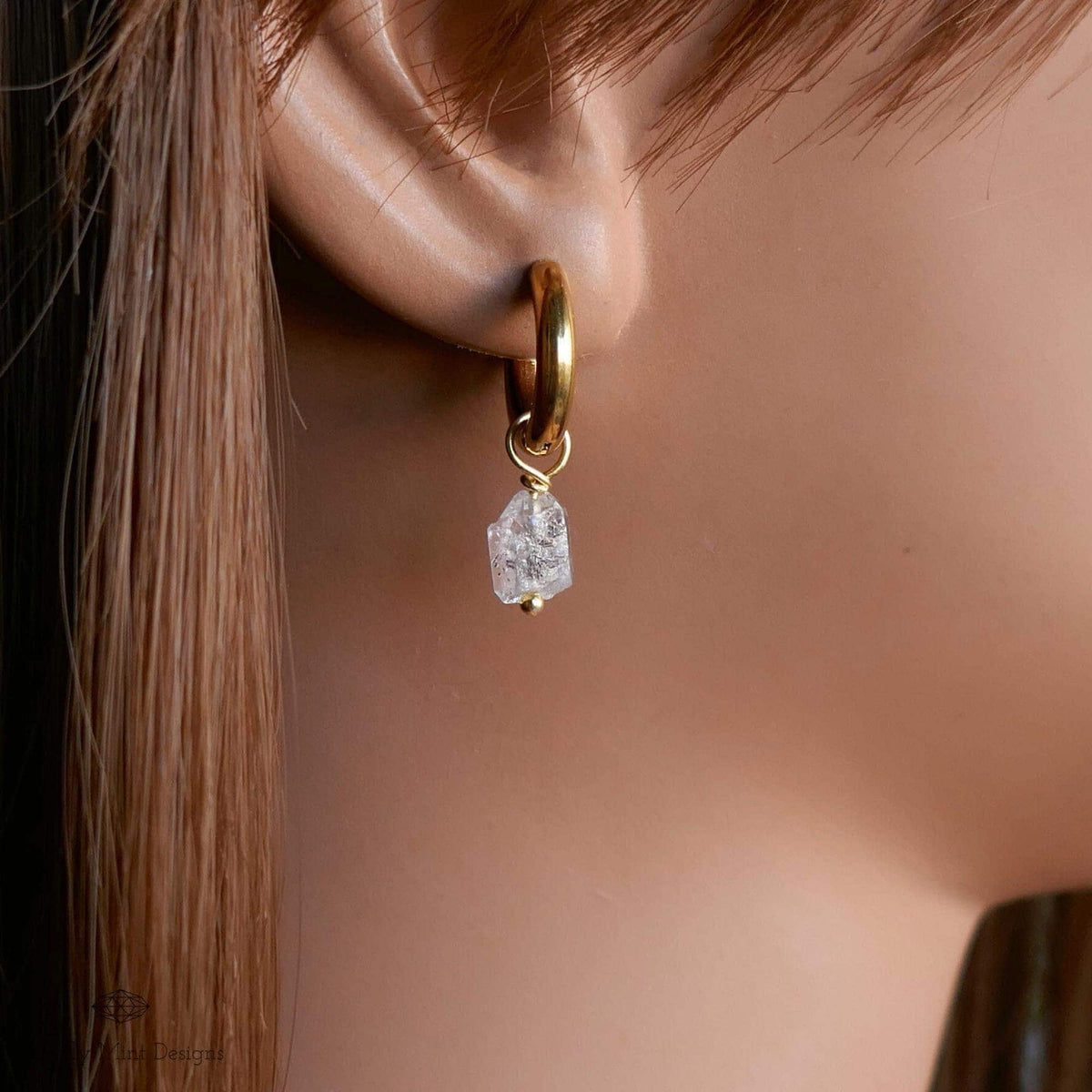 Raw Herkimer Diamond Huggie Hoop Earrings, 18K Gold Plated, April Birthstone