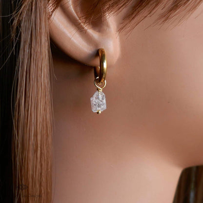 Raw Herkimer Diamond Huggie Hoop Earrings, 18K Gold Plated, April Birthstone