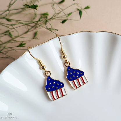 Patriotic Cupcake Earrings, Red White Blue Dangle Jewelry, USA 4th of July Food Earrings, Sensitive Ear & Clip-On Options