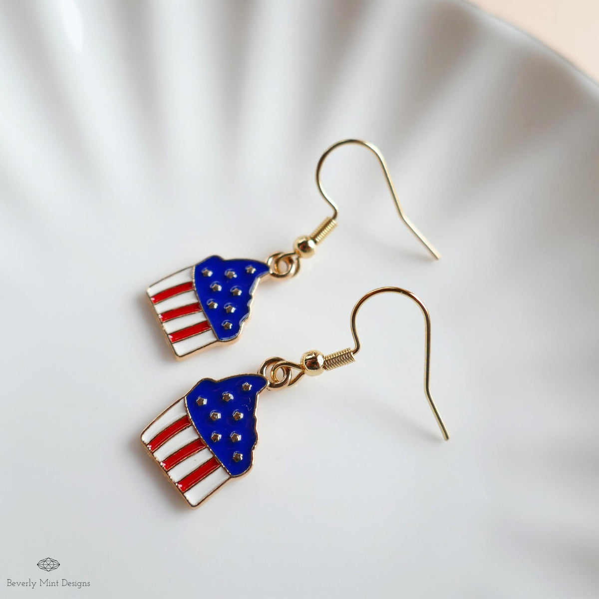 Patriotic Cupcake Earrings, Red White Blue Dangle Jewelry, USA 4th of July Food Earrings, Sensitive Ear & Clip-On Options