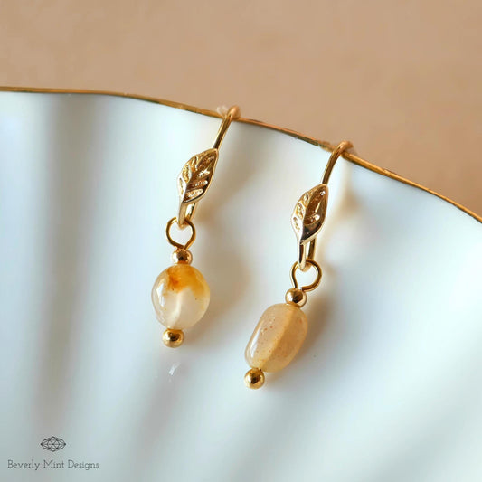 Gold Leaf and Mini Stone Earrings, Minimalist Leaf Earrings, Delicate Nature-Inspired Jewelry, Lightweight Boho Earrings
