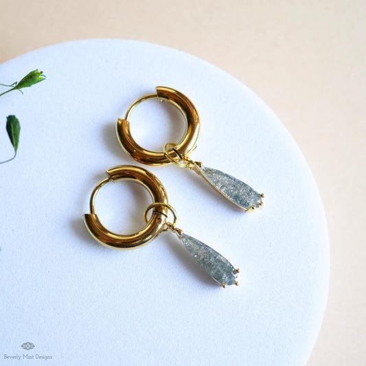 Teardrop Sparkle Gold Hoop Earrings, Gray Pastel Dangle Earrings Gold Drop Earrings