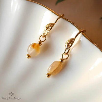 Gold Leaf and Mini Stone Earrings, Minimalist Leaf Earrings, Delicate Nature-Inspired Jewelry, Lightweight Boho Earrings