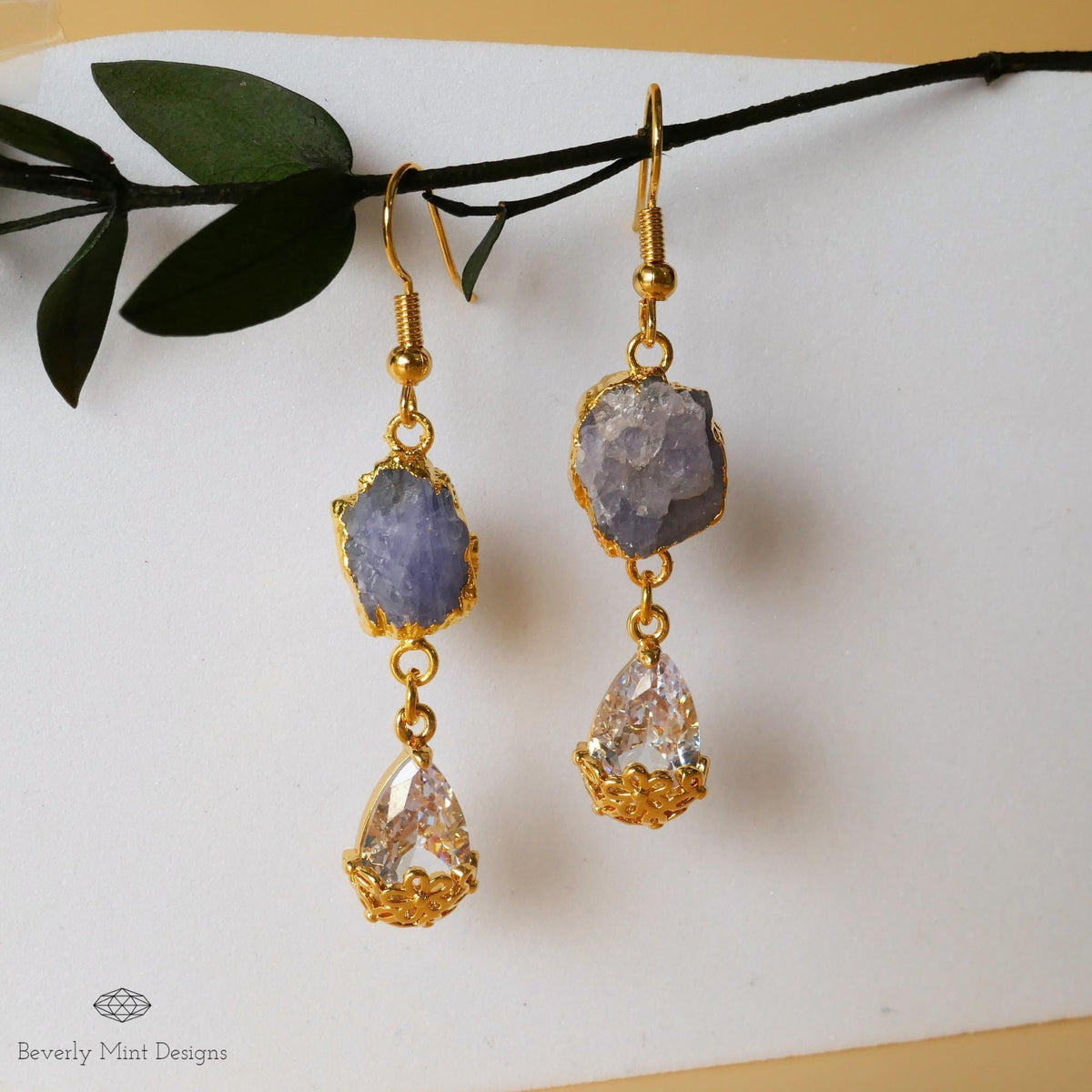 Tanzanite Raw Stone Earrings with CZ, 18K Gold Birthstone Jewelry, Raw Stone Earrings,Blue Earrings, Sensitive Ear & Clip-On Options