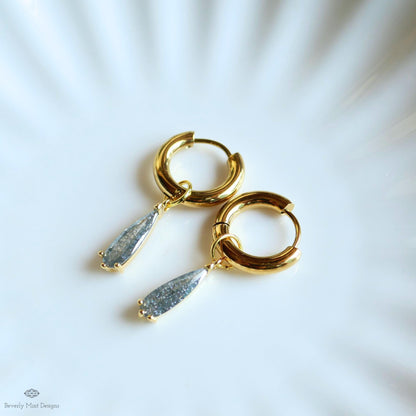 Teardrop Sparkle Gold Hoop Earrings, Gray Pastel Dangle Earrings Gold Drop Earrings