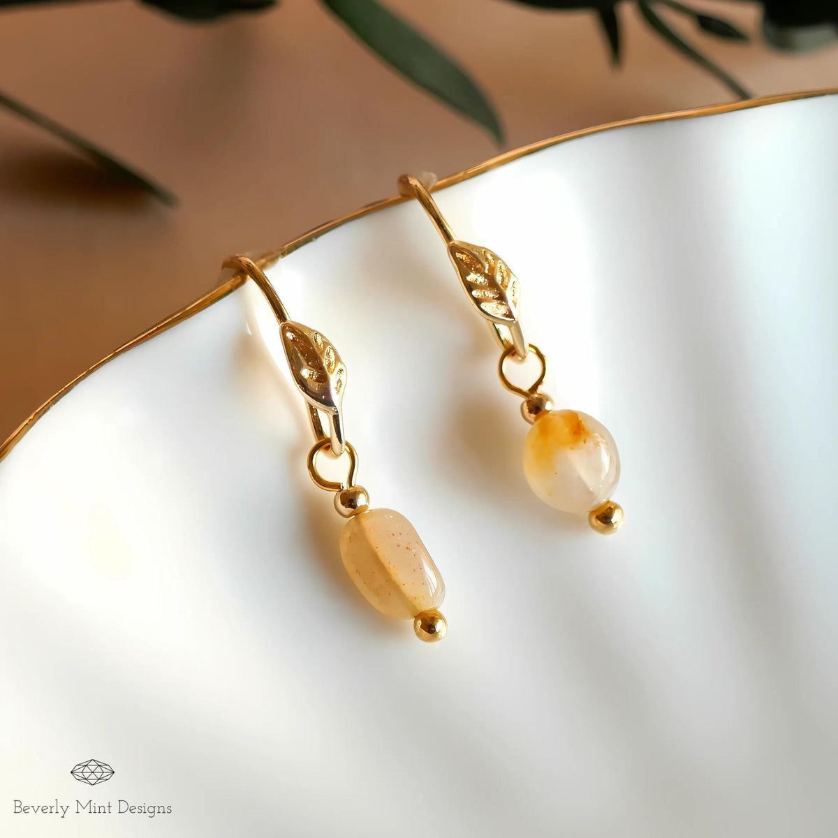 Gold Leaf and Mini Stone Earrings, Minimalist Leaf Earrings, Delicate Nature-Inspired Jewelry, Lightweight Boho Earrings