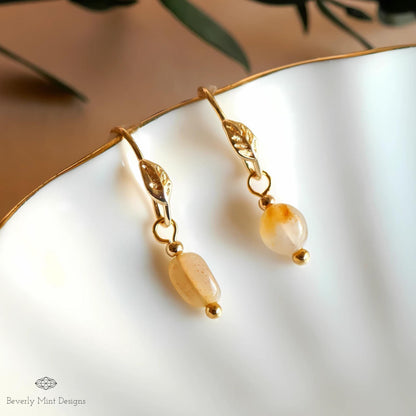 Gold Leaf and Mini Stone Earrings, Minimalist Leaf Earrings, Delicate Nature-Inspired Jewelry, Lightweight Boho Earrings