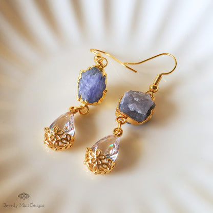 Tanzanite Raw Stone Earrings with CZ, 18K Gold Birthstone Jewelry, Raw Stone Earrings,Blue Earrings, Sensitive Ear & Clip-On Options