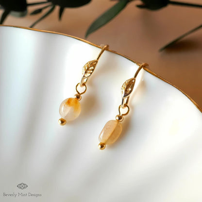 Gold Leaf and Mini Stone Earrings, Minimalist Leaf Earrings, Delicate Nature-Inspired Jewelry, Lightweight Boho Earrings