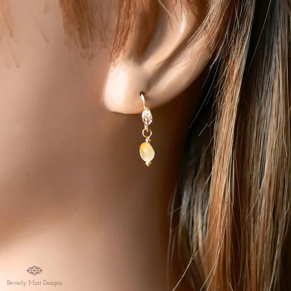 Gold Leaf and Mini Stone Earrings, Minimalist Leaf Earrings, Delicate Nature-Inspired Jewelry, Lightweight Boho Earrings