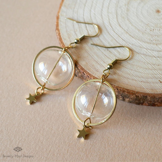 Unique Earrings, Bubble Dangle Earrings, Glass Ball Star Charm Earrings, Star Earrings, Sensitive Ear & Clip-On Options